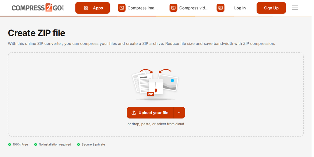 Halaman Buat FILE ZIP di Compress2Go, menampilkan tombol "Upload your file"